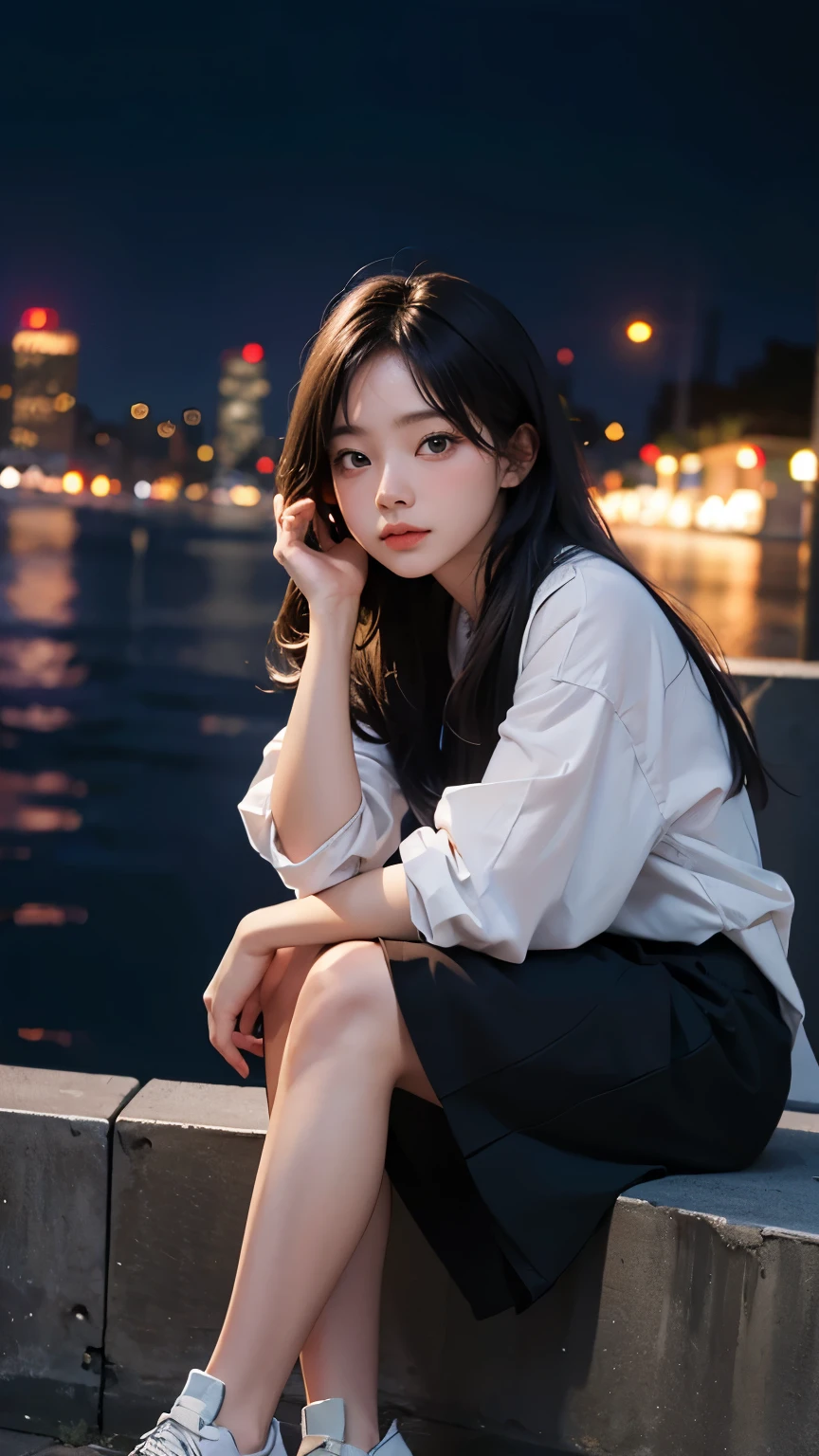 1girl, rest area, night, city lights, 8k, RAW photo, best quality, masterpiece, realistic, photo-realistic,