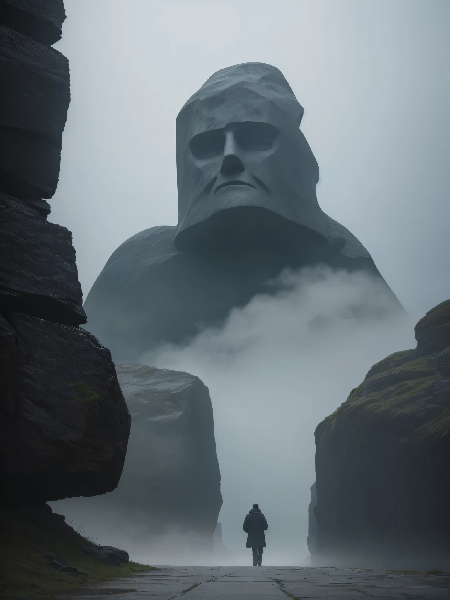 Faint hint of a  wanderer walking in the direction of an ridiculous enormously gigantic stone sculpture of a face in the distant mist and fog, cinematic