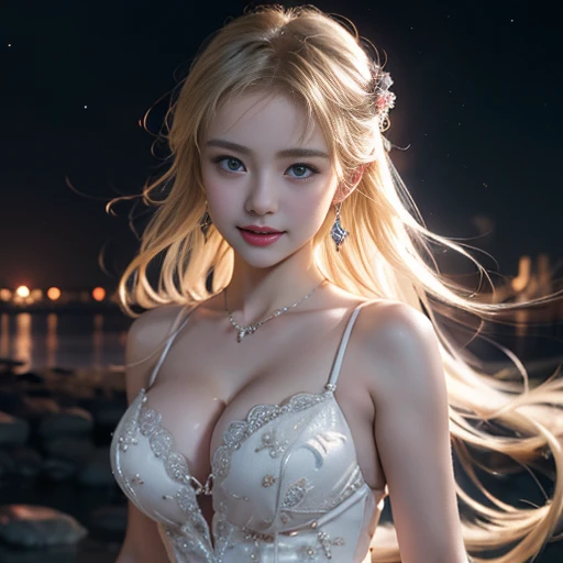 masterpiece,Highest image quality,Super details,best quality ,extremely delicate and beautiful, Very detailed,best quality, official art, Extremely detailed CG unified 8k wallpaper, Huang Li, File size is huge , super detailed, The best look,high resolution ,海边beach摄影,beach,positive focus bodyesbian;1.5,big watery eyes,Macaron color system,blonde hair, blue eyes,The sexiest look,Beautiful dreamcatcher earrings,charming smile,Blushed,Beautiful breasts,Perfect chest shape,snow white breasts,firm breast balls,(reality、Radiant skin),(Bright Eyes),Upper body,(night sky,Milky Way,starry sky,),Ultra thin,translucent,(Thick, tidy hair),Kazlan opened his eyes wide.,美丽的Red婚纱,(Wedding dresses in various colors,Black,Kaneko,Red,blue,purple,pink,)