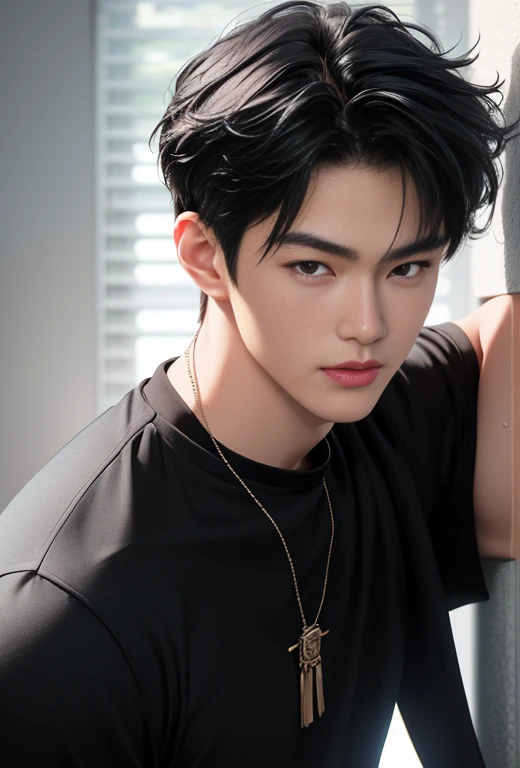 High quality, masterpiece, highly detailed, 8k, perfect face, perfect body, realistic, photogenic, man, Asian, young, black hair, short hair, handsome, detailed eyes, beautiful detailed nose, realistic body, realistic light, comfortable expressions, cute guy, sweat guy, cool guy, abs sixpack, model style, sexy clothes