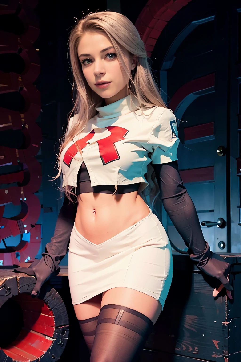 xoaeriel, a woman wearing team rocket,team rocket uniform,white skirt,red letter R,crop top,black thigh-highs,black elbow gloves,
