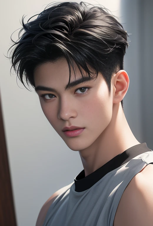 High quality, masterpiece, highly detailed, 8k, perfect face, perfect body, realistic, photogenic, man, Asian, young, black hair, short hair, handsome, detailed eyes, beautiful detailed nose, realistic body, realistic light, comfortable expressions, cute guy, sweat guy, cool guy, abs sixpack, model style, sexy clothes , basketball