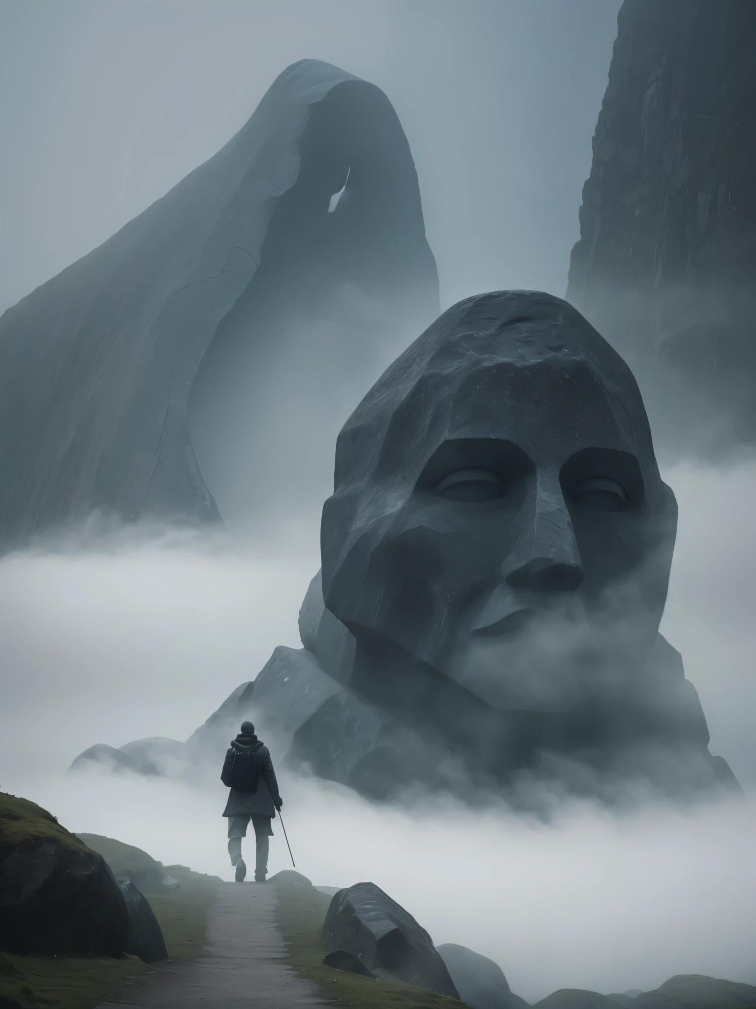 Faint hint of a lonely wanderer walking in the direction of an ridiculous enormously gigantic stone sculpture of a face in the distant mist and fog, cinematic