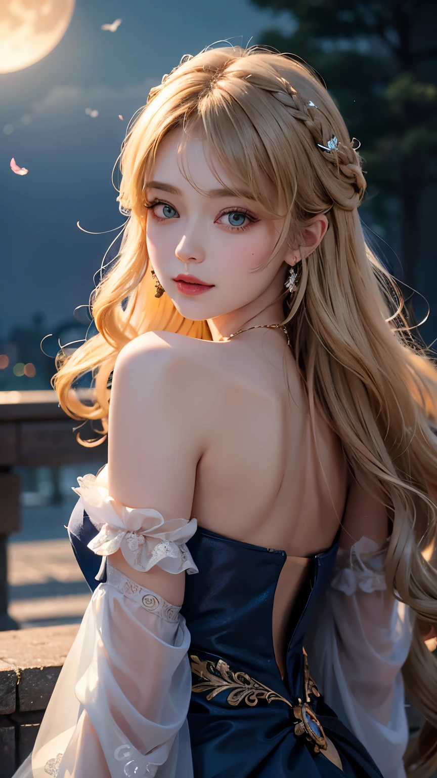 （（best quality））， （（masterpiece））， （detail：1.4）， Beautiful cyberpunk female figure，human development report（high dynamic range），Ray tracing，NVIDIA RTX，super resolution，Unreal 5，subsurface scattering，PBR texture，post processing，Anisotropic filtering，Depth of field for maximum clarity and sharpness on any layer texture，Albedo and specular maps，Surface Colorintsu - Accurate simulation of material interactions，Perfect proportion，Rendered by Octane，Dichroic light，Large aperture，Low ISO，white balance，Three rules、8K raw data、Beautiful bright blue pupils，primary school student&#39; Off-shoulder clothes delicate face and eyes，Long eyelash blush，Fine and fluffy hair，pink lips，pure，cute face，sweet girl，Artistic sense，casual wear，A sense of luxury，Butterfly，Sakura petals beautiful hair accessories，Long hair and waist，hair blowing in the wind，blonde，curls，Positive light，The moon is the background，Smile brightly