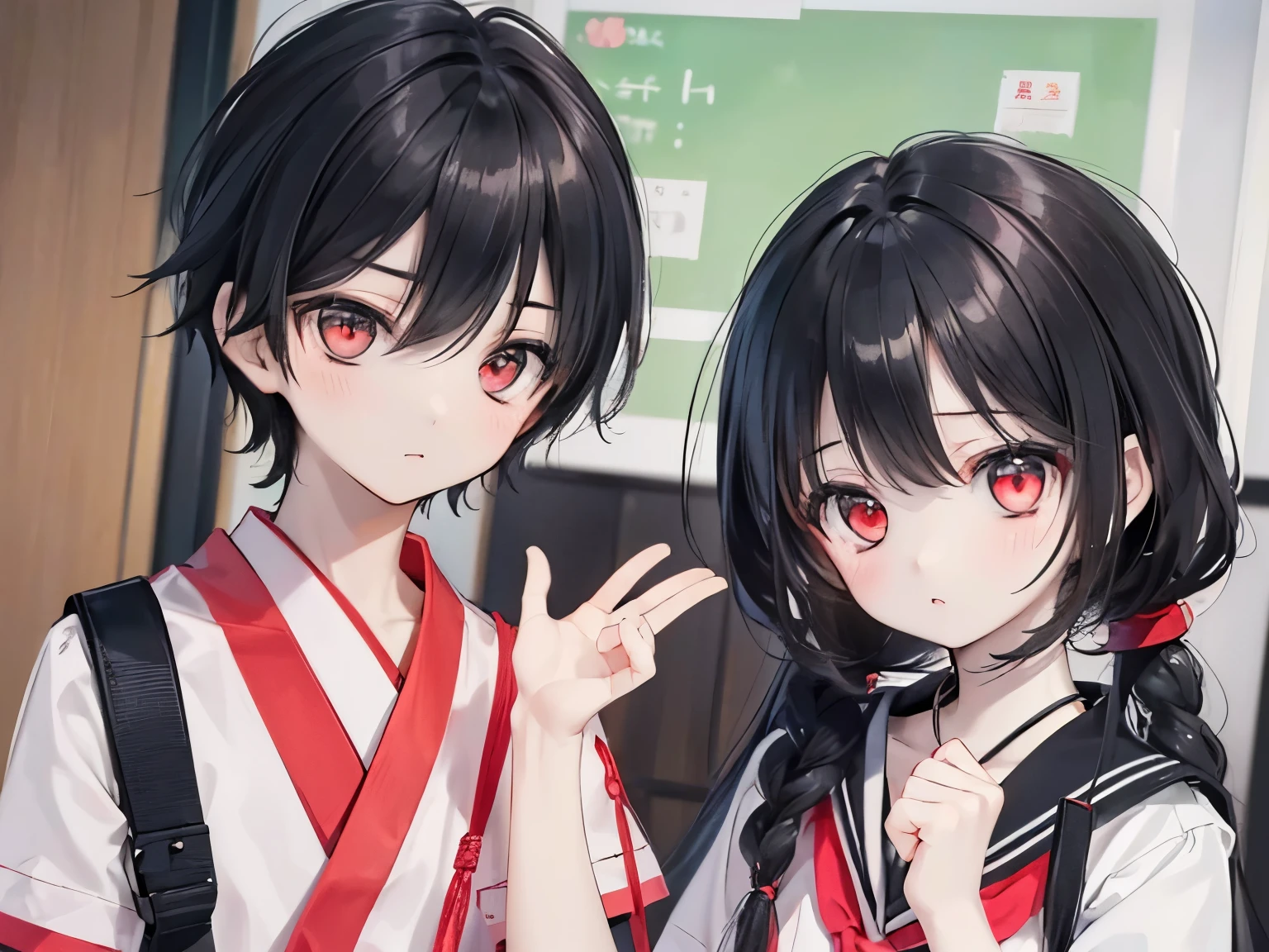 (((siblings, 1boy, 1girl))). black hair and bright red eyes, wearing a Japanese school uniform, expressionless, classroom setting, daytime,