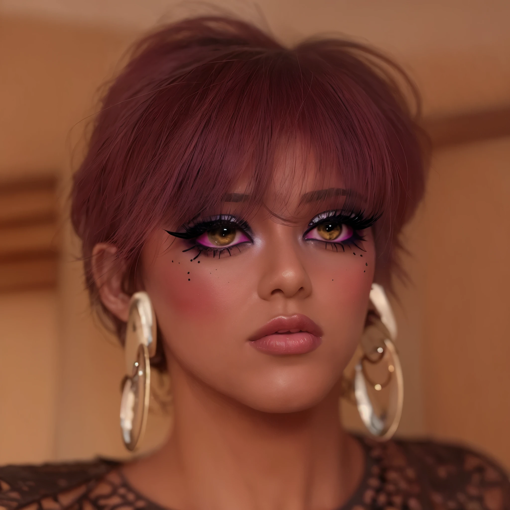 a close up of a mannequin with a purple hair and a black face, huge earrings and queer make up, second life avatar, ((red)) baggy eyes, imvu, pointed face and grey eyes, wearing goth makeup, inspired by Rowena Meeks Abdy, her face looks like an orchid, heavy makeup, sexy face with full makeup, looks like britney spears