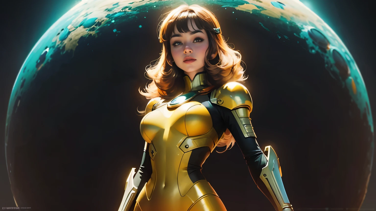a close up of a woman in a yellow outfit standing in front of a group of people, 1970’s science fiction art, pixiv front-page, inspired by Didier Mouron, barbarella, hyper maximalist, orange hue, the style of wlop, heavy metal album cover, female protagonist  