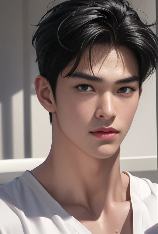 High quality, masterpiece, highly detailed, 8k, perfect face, perfect body, realistic, photogenic, man, Asian, young, black hair, short hair, handsome, detailed eyes, beautiful detailed nose, realistic body, realistic light, comfortable expressions, cute guy, sweat guy, cool guy, abs sixpack, model style, sexy clothes , basketball, perfect legs