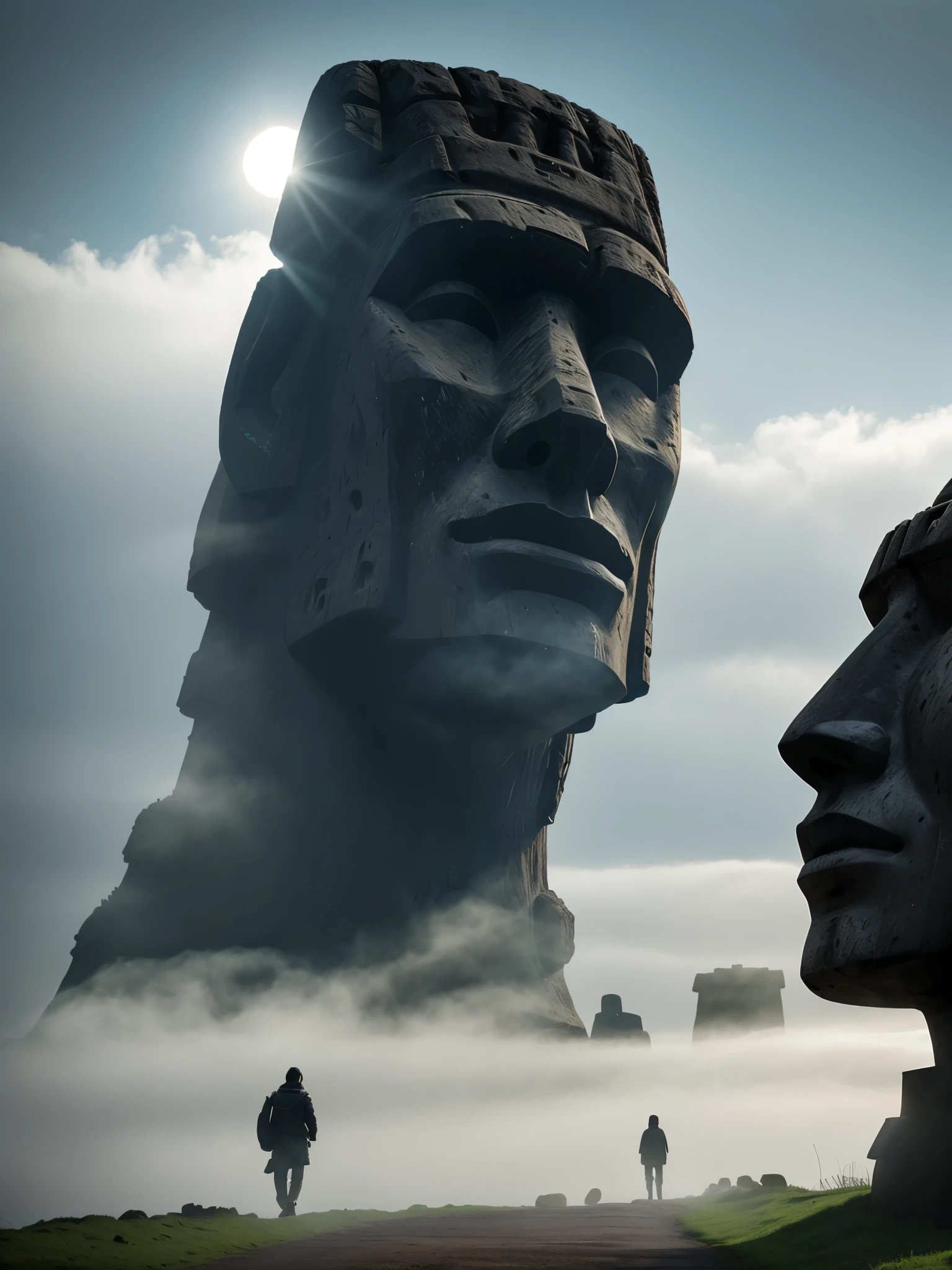 Faint hint of a lonely wanderer walking in the direction of an ridiculous enormously gigantic Moai stone sculpture of a face in the distant mist and fog, cinematic