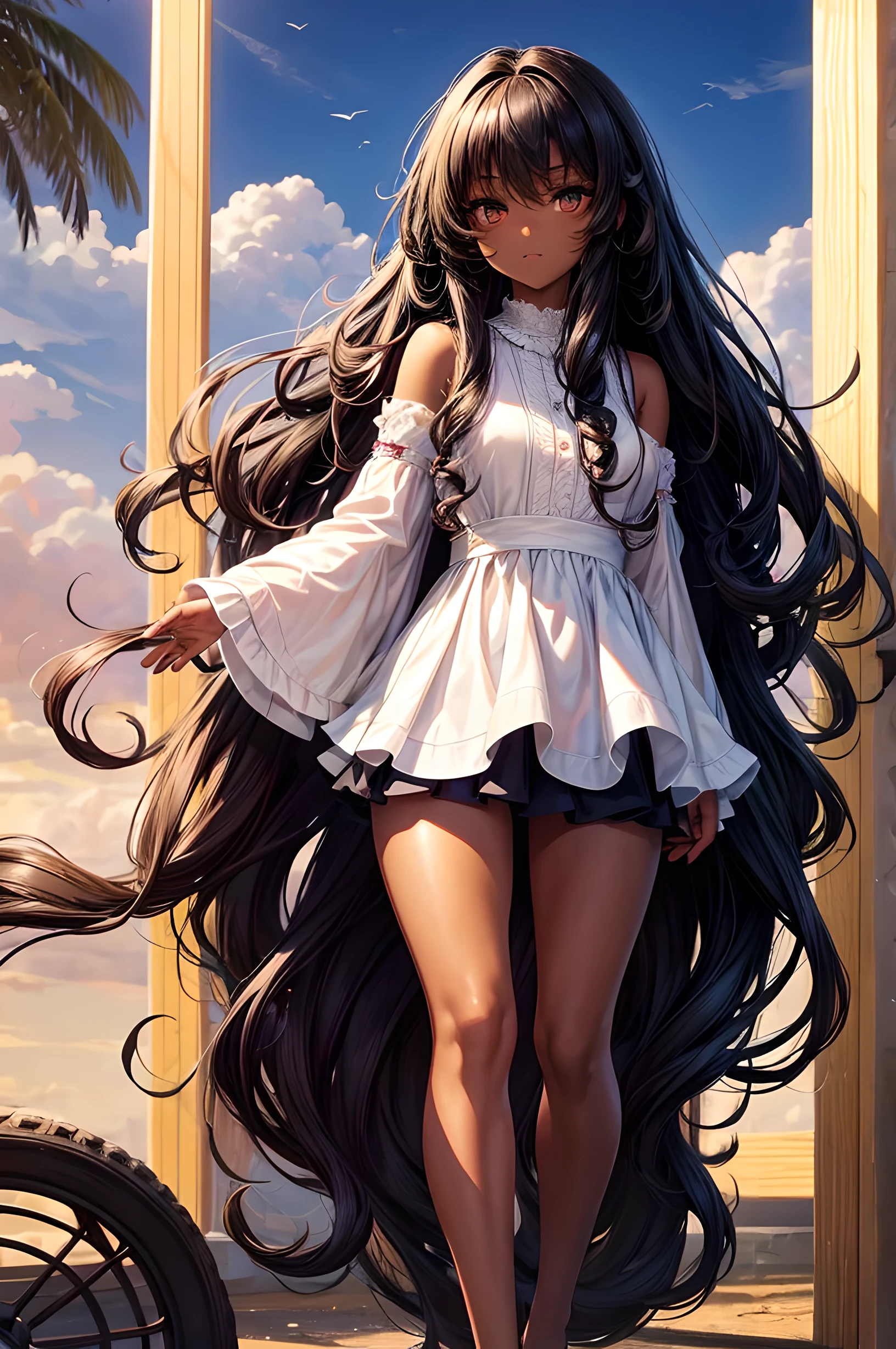 Finest, masterpiece, high definition, frontal, symmetrical, 1 girls, loli, dark skin, long curly hair, long black hair, short skirt, dark brown eyes, cute, beautiful face, delicate, highest quality, best anatomy, girl is looking at viewer, perfect eyes, perfect face, highest definition, best drawn face, best art possible, perfectly drawn face, very long hair, perfect hair, relaxed