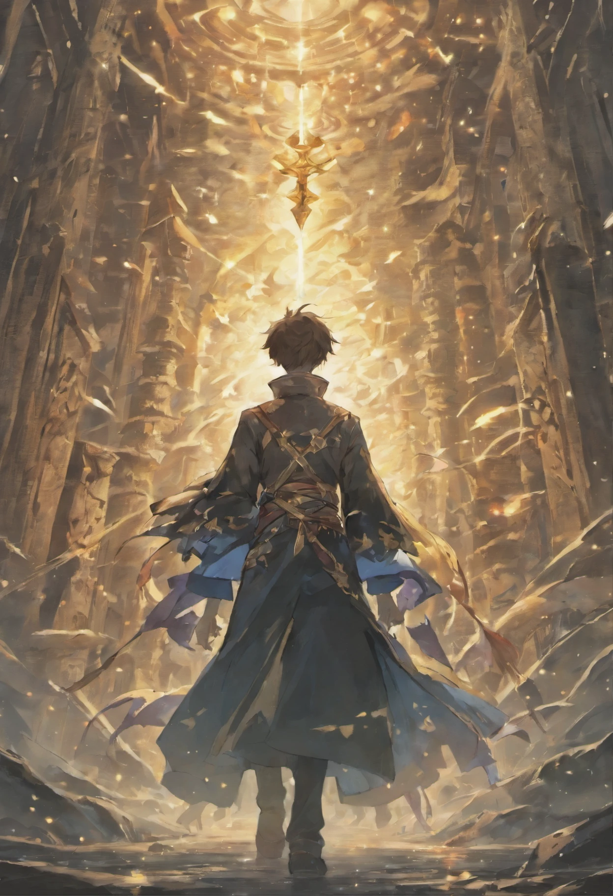 masterpiece, best quality, , People art portrait, Detailed portraits, epic scene illustration, graphic novel scene, dramatic tense scene，novel cover，The background is a sharp contrast between the two worlds presented on the cover。On the left is the world of nothingness，Fantasy runes and phantoms of ethereal beasts float in the deep blue background.，Presenting mysterious chaos。The right side is the real world，Bright and warm scene，City flower road etc.，Emphasis on light and warmth。Standing in the center is the back of a young man，The two worlds interpenetrate each other with blurred edges，Create a mysterious and bright picture。