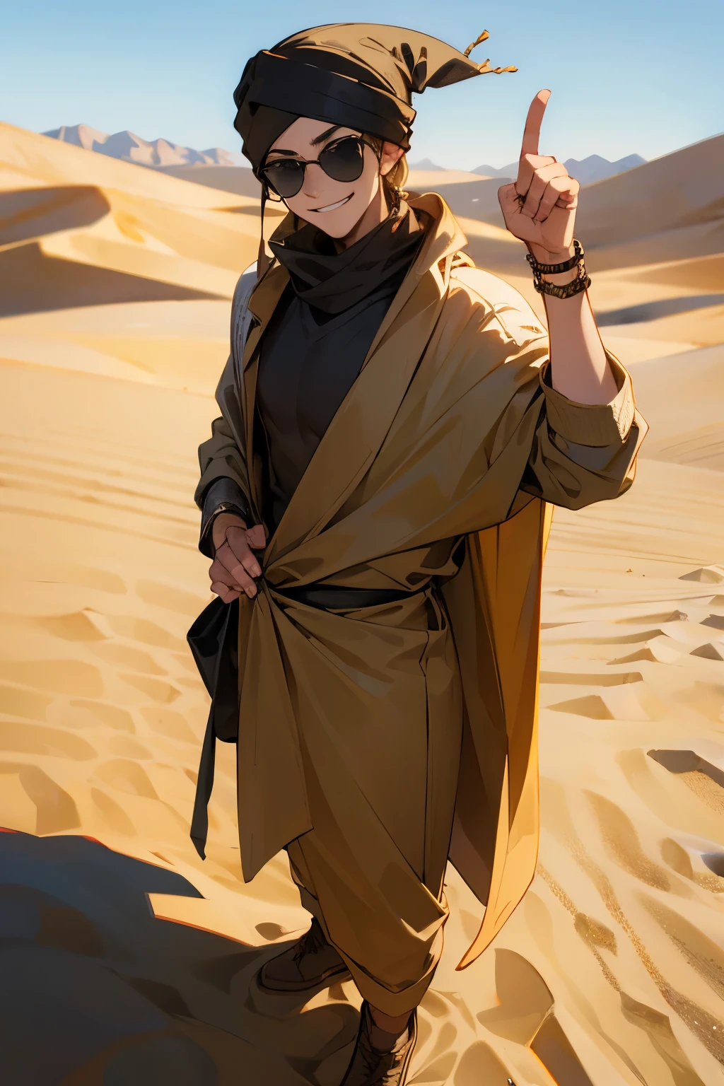 young man, sunglasses, smirking, desert clothing, turban