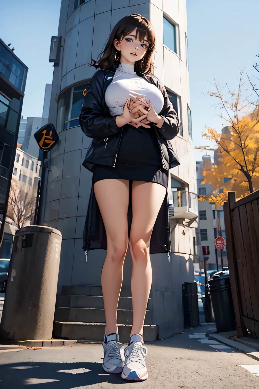 winter-clothes, blouse, jacket, angle from below, drooping eyes, realistic skin, ((a receptionist woman holding her breasts with her hands)), beautiful breast drawn in ultra-high definition, tiny earrings, sneakers, (outside), trees, buildings, street, bollard,