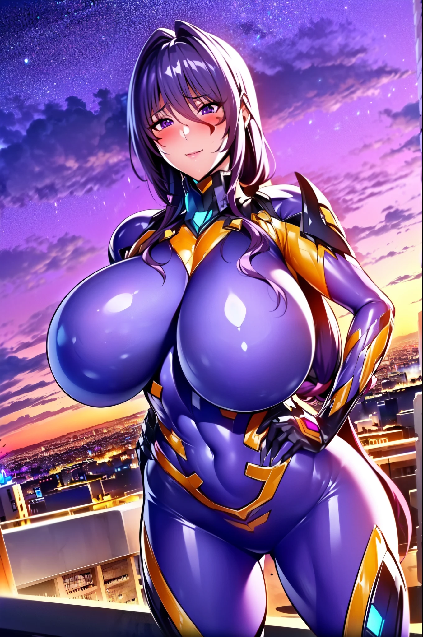 masterpiece, best quality, extremely detailed, 1girl, mature female, solo, uehara rin, (gigantic breasts:1.2), ((((purple hair), long hair, hair between eyes, purple eyes))), parted lips, (((fortified suit, pink plugsuit))), ((blush, light smile), closed mouth), ((hands on own hips, rooftop, futuristic cityscape))