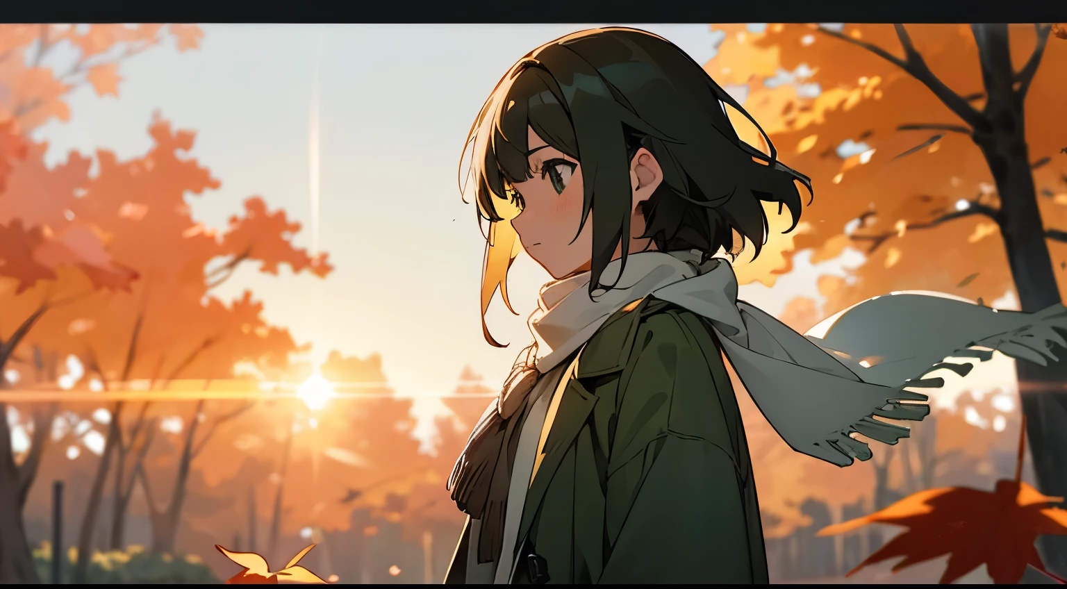 Cute girl wearing a moss green coat and white scarf,Backward profile,Straight hair over the shoulder,stand under two rows of maple trees,Gently stare at the autumn leaves in your hand,dramatic sunset,Beautiful lens flare full of light,Falling leaves flutter,Lens bokeh,4K quality,Makoto Shinkai anime style details,wide low angle