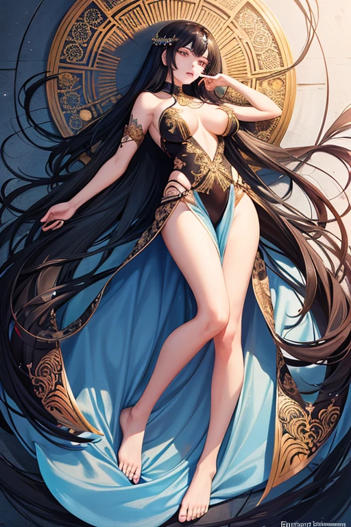 Beautiful full body tattoed symmetrical Asian female, with long, flowing black hair that cascades down her back, is captured in a top-down perspective as she looks up at the sky. Her intricate tattoos cover every inch of her skin, displaying exquisite and intricate designs that perfectly mirror each other. The sun casts a warm, golden light upon her, highlighting the deep, rich hues of the ink. Her almond-shaped eyes, framed by delicate eyelashes, are fixed on the heavens, lost in thought or amazement. With a slender figure and an air of serenity, she embodies the essence of beauty and grace.
(Beautiful full