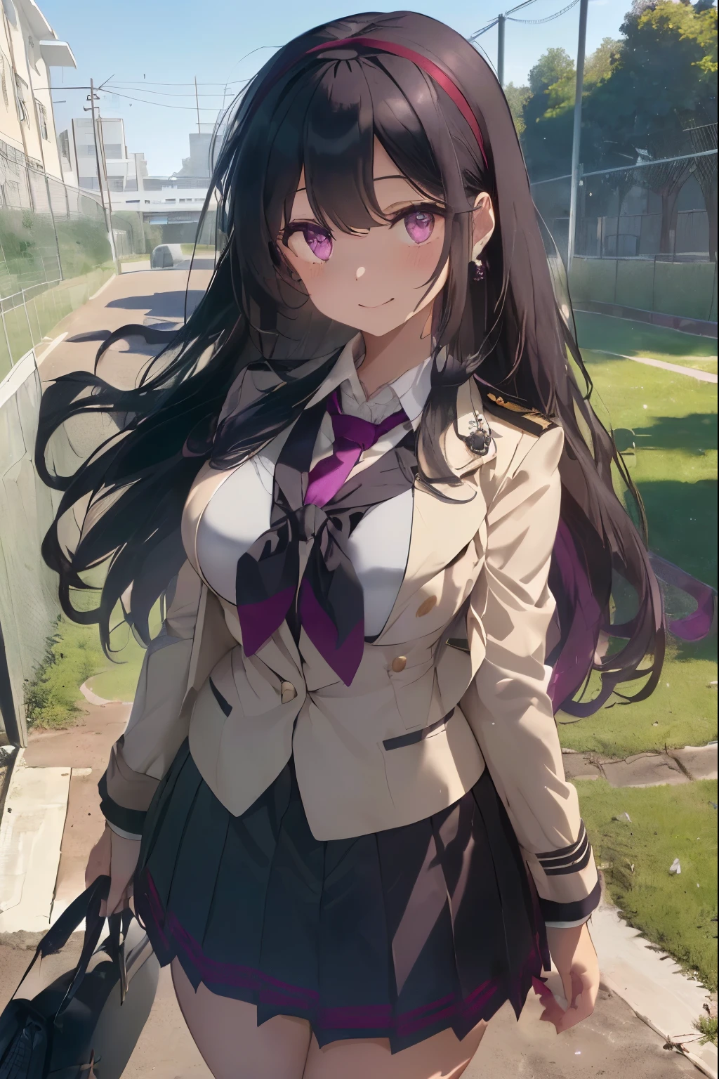 (black hair:1.2),(long hair with curls:1.2),(half-up hair:1.4),(pearl hair band:1.5),(With bangs),(Reddish-purple eyes:1.3),blush,(Beige and white blazer type uniform:1.3),(The color of the tie is dark blue:1.5),(The hem of the skirt is about knee length:1.3),(Skirt with slightly longer hem:1.25),(Puzzled face:1.2),(Looks a little happy:1.25),(plump breasts:1.3),(In front of the main gate of the school on a vast site:1.2),(Luxury gate with iron fence:1.25),(green school:1.2),