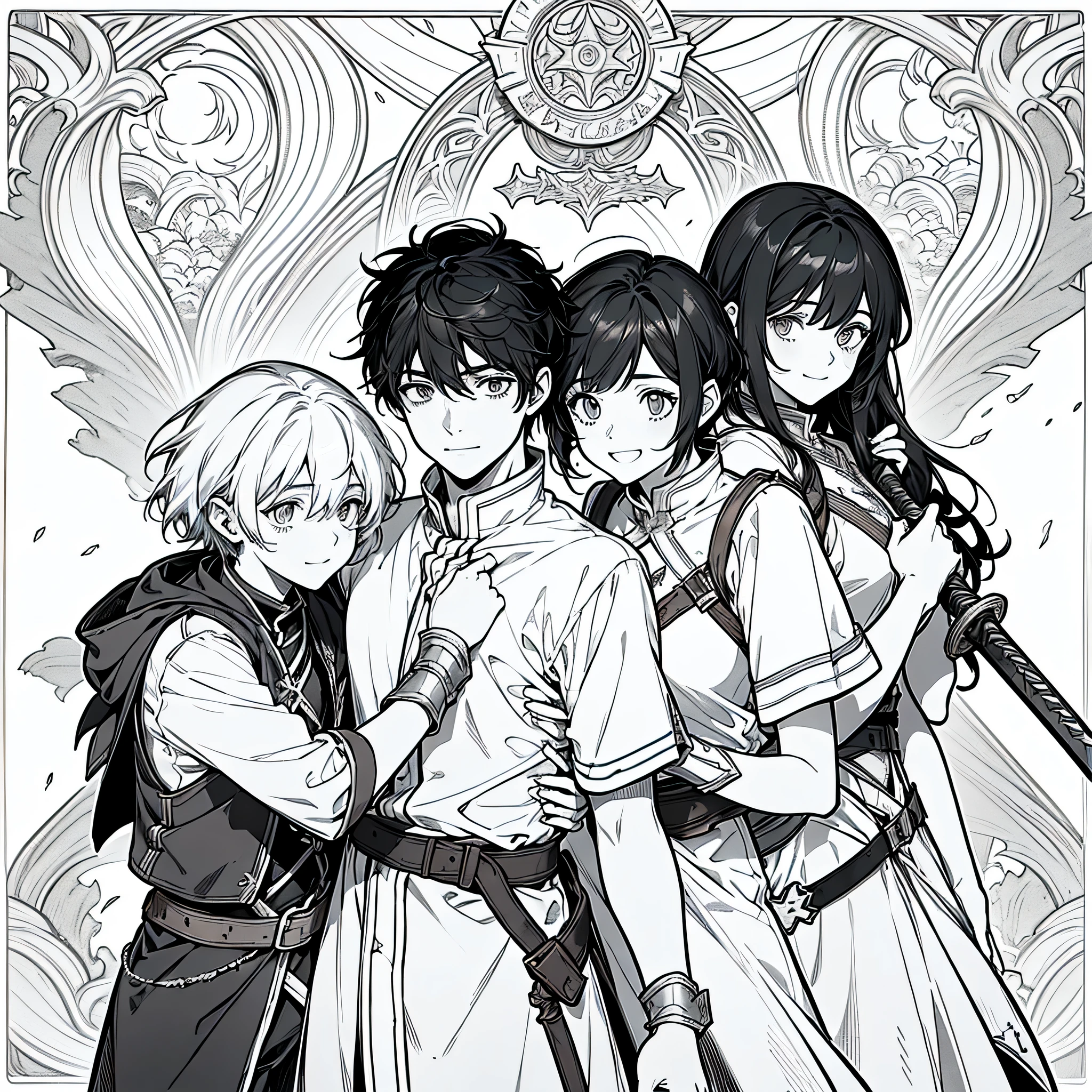 1 young man (adventurer), wearing Grimgar of Fantasy and Ash adventurer outfit style, bring sword on his back, face to detail, black eyes, detailed eyes, black hair, short hair, toothy smile, there is 3 girls hugging him, the background is white, monochrome (clear line, lineart)
