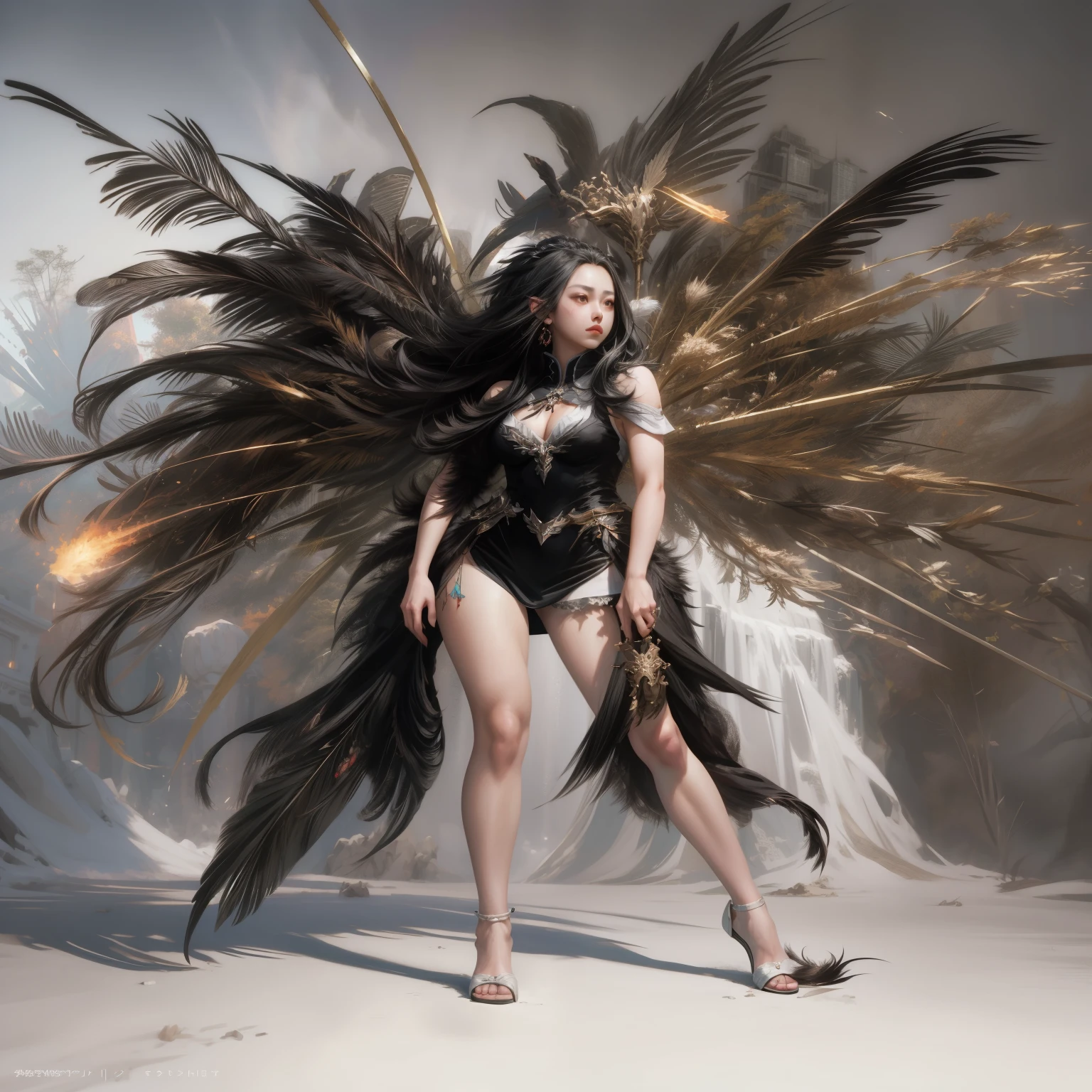 hay una bella mujer, diosa, mujer con un vestido negro con un gran tocado de plumas, WLOP y ROSS Tran, Ross Tran y Wlop, por Yang J., Tithi Luadthong, ross tran 8k, por Russell Dongjun Lu, cgsociety y fenghua zhong, wojtek fus, WLOP y Krenz Cushart, por Zhou Chen