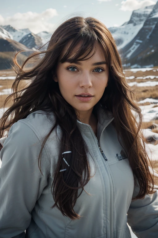 exuberant woman, confident look, expressive eyes, flowing hair on her face, side bangs, centered camera, stunning tundra, gentle rhythm of the breeze, nordic view.