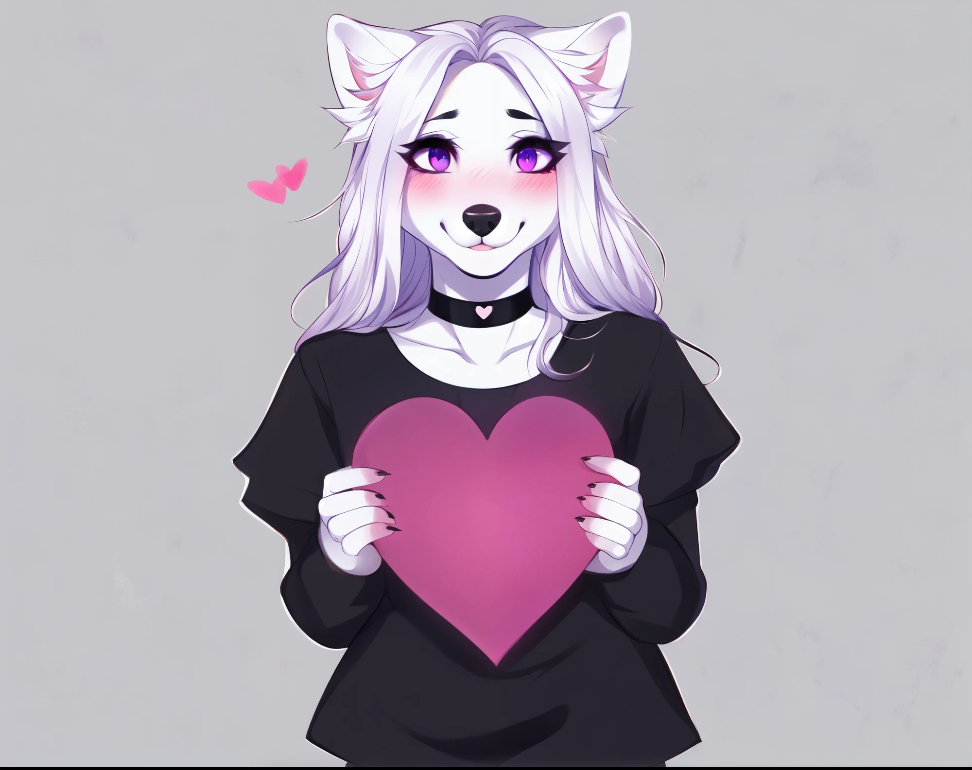 solo, female white wolf, beautiful detailed purple eyes, cute snout, by fumiko, by hyattlen, long white hair, hair parted in the middle, black eyebrows, white wolf ears, wolf tail, black nose, wearing black choker, black blouse, black shorts, bashful pose, shy pose, sad eyes, mouth open, smiling, blushing, mouth slightly open, no background, white background, standing, holding a paper cut out of a red heart, looking at viewer