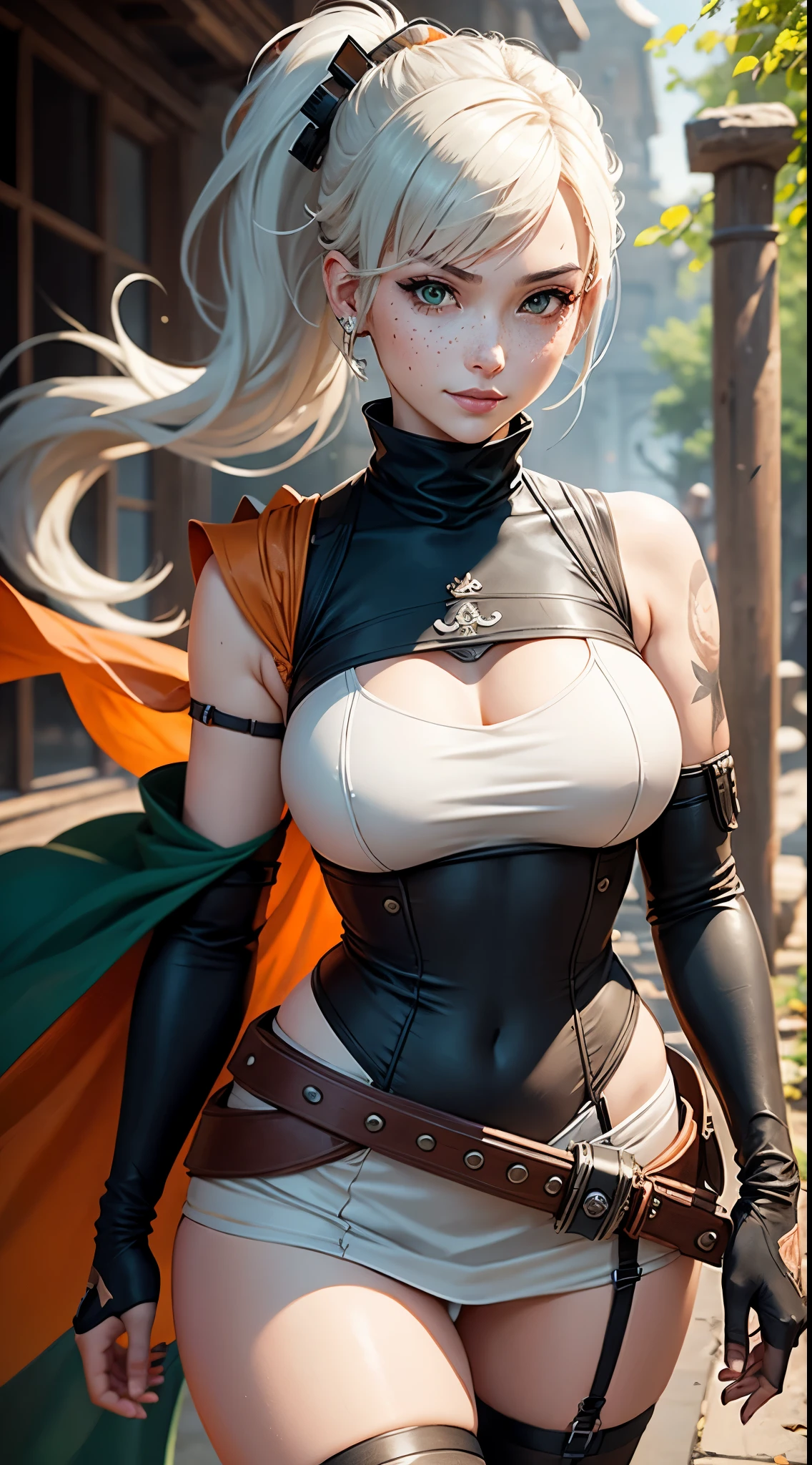 gwen tennyson,1girl,tracer,yorha 2b,rebecca chambers,overwatch,atelier ryza,close up, feudal castle ruins,tattoos,orange and white plugsuit,white short sleeve samurai top,long ninja skirt,harness corset,long samurai ponytail hair,ninja makeup,green eyes,multicolored silver hair,long dress train,sexy smile,freckles,beautiful girl,thigh high samurai boots,large breasts,8k,ultra detailed,realistic,fantasy art,feudal samurai armor,feudal gown dress,hair pin,samurai ear piercings,lotus hand and neck jewelry,(weather:windy),long orange ninja cloak,(pose:on guard),leaves flying,katana sword,