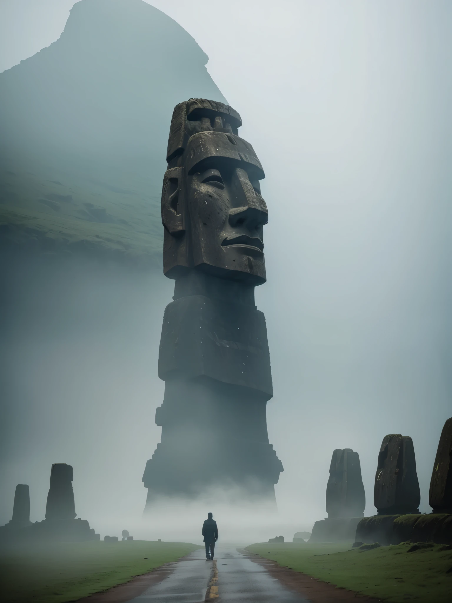 Faint hint of a lonely wanderer walking in the direction of an ridiculous enormously gigantic Moai stone sculpture of a face in the distant mist and fog, cinematic