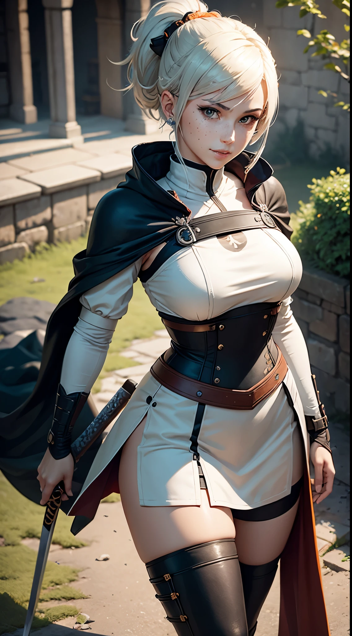 (Triplets)(chest covered)(smile)Gray skin, pale golden hair and violet eyes. They prefer clothing of white and silver with cloaks of deep blue or purple,village background, huge_knockers, ((very precise detailed)), ((highres)
