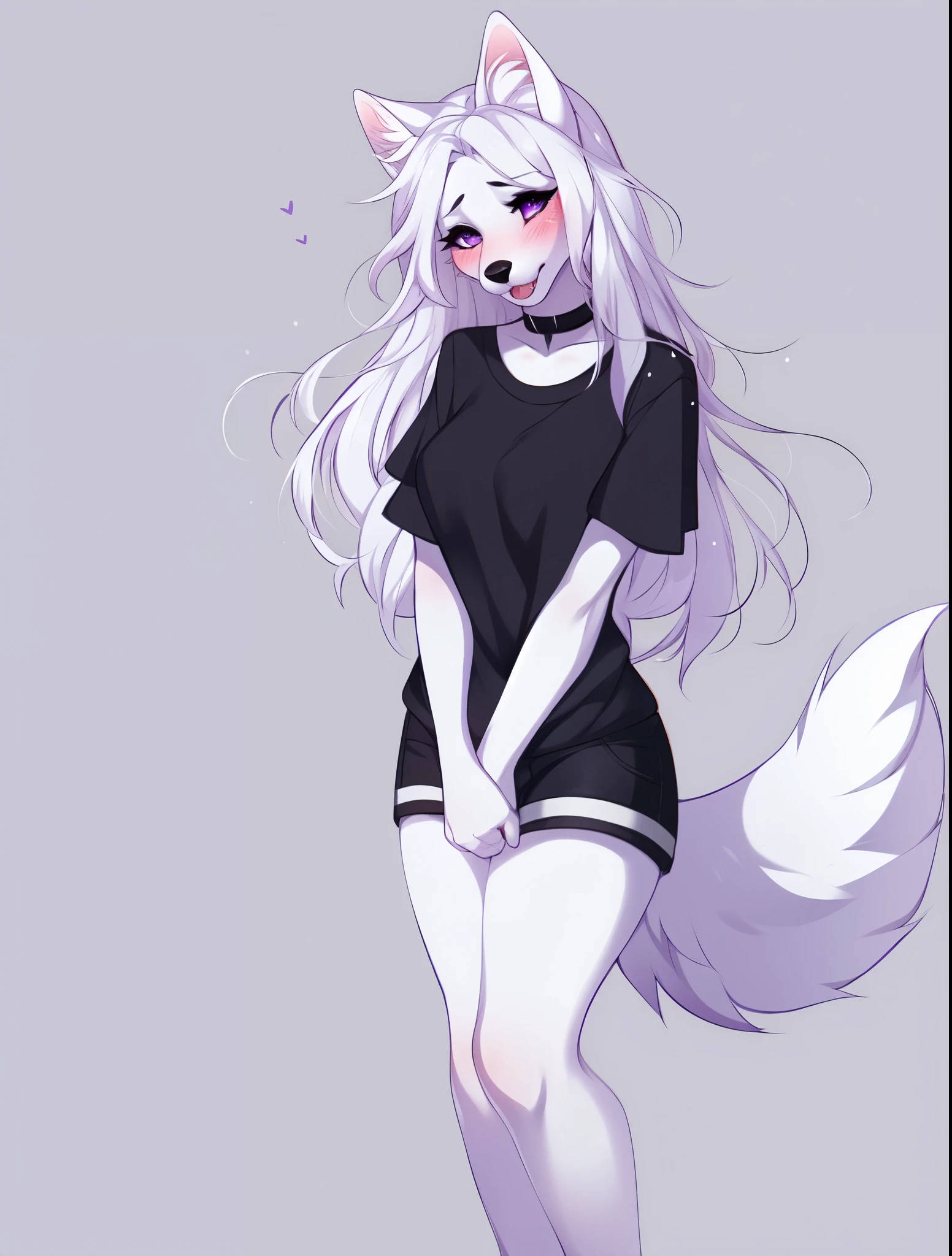 solo, female white wolf, beautiful detailed purple eyes, snout, by fumiko, by hyattlen, long white hair, hair parted in the middle, black eyebrows, white wolf ears, cute white wolf tail, black nose, wearing black choker, black short sleeve shirt, black shorts, full body shot, bashful pose, shy pose, sad eyes, mouth open, hands together, slightly turning away from viewer, blushing, mouth slightly open, no background, white background, standing