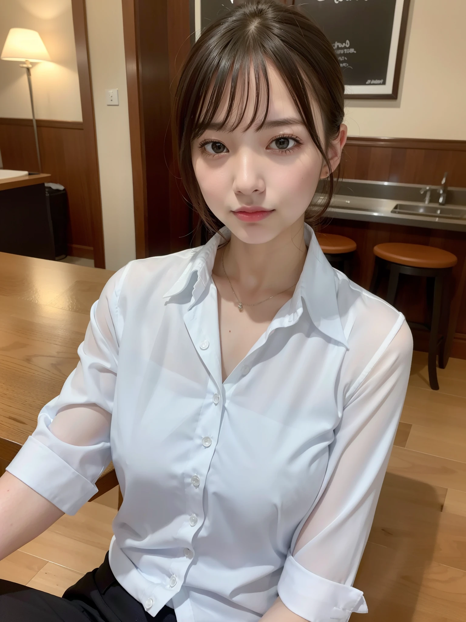 night bar, sitting, spread legs, (business shirt), ((of the highest quality, 8K, masutepiece: 1.3, Raw photo)), Sharp Focus: 1.2, (1 AESPA Girl :1.1), (Solo: 1.18), (Realistic, Photorealistic: 1.37), (Face Focus: 1.1), Cute face, hyperdetailed face, Short messy hair, updo, (Small breasts, flat chest: 1.3), Thigh, flower