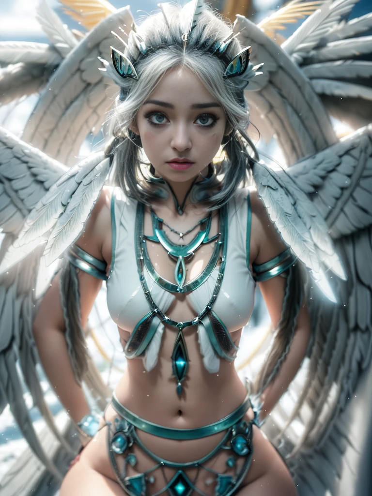 ((FOTOGRAFIA REALISTA)) (8k, Foto RAW, melhor qualidade, senhor:1.2), (Realistic, photo-Realistic:2), SEIOS FARTOS, SEIOS GRANDE, PEITO GRANDE, SEIOS QUENTES, ((ULTRA HIGH DEFINITION)), ((QUALIDADE 4K)), ((MUITO DETALHADO)), ((TEXTURA SONY a7s)), do anime com cabelo branco e asas segurando uma espada, inka harpia girl, as a mystical valkyrie, harpia woman, nordic goddess, harpia, mystical valkyrie, Haibane Renmei, epic anime style, garota anjo cavaleiro, young harpia-girl, ((vestimenta de couro)), ((Indigenous style)), ((ROSTO ANGELICAL PERFEITO)), ((TATUAGENS NAS BOCHECHAS)), ((EATOS)), ((energy flares))