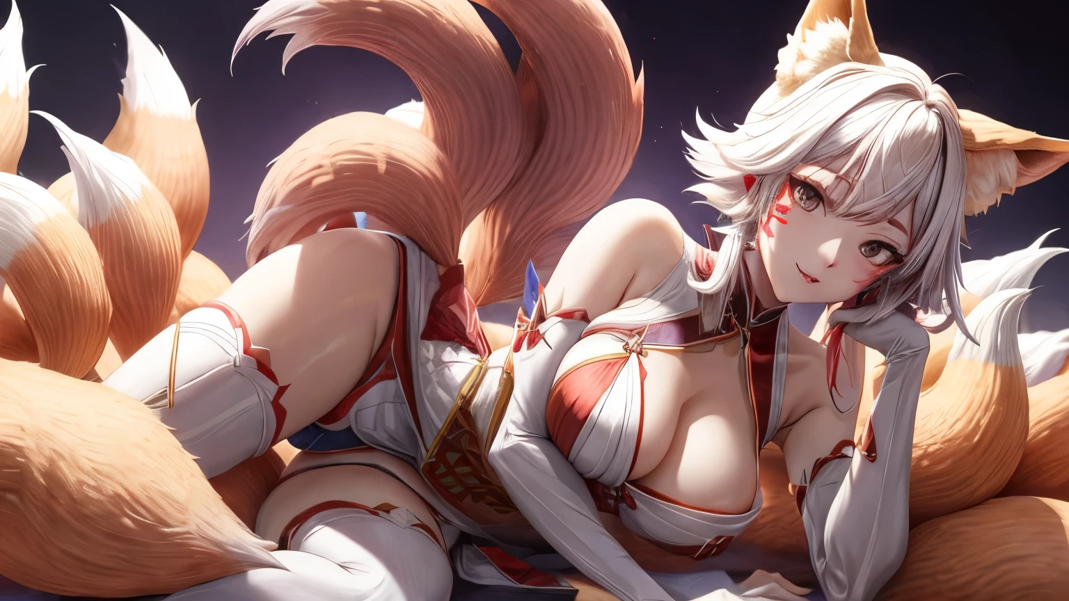 ah1, facial mark, multiple tails, fox tails, korean clothes, cleavage, bare shoulders, detached sleeves,un personaje,sexy,