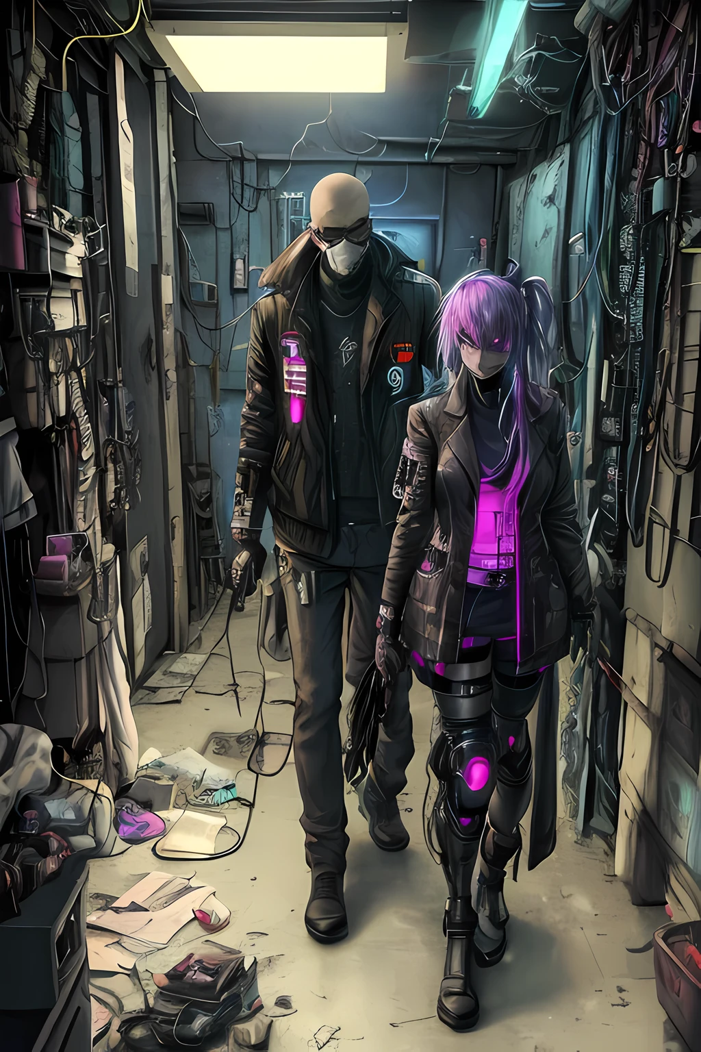 2characters: a cyberpunk corrupt doctor in a dirty and unhygienic room replacing a prosthesis to a woman, using cybernetic prosthesis. cyberpunk mysterious dark setting, raytraced, neon lights, nightdusty, post-apocalypse, cobwebs, superb, beautiful 8k wallpaper, extremely detailed, intricate