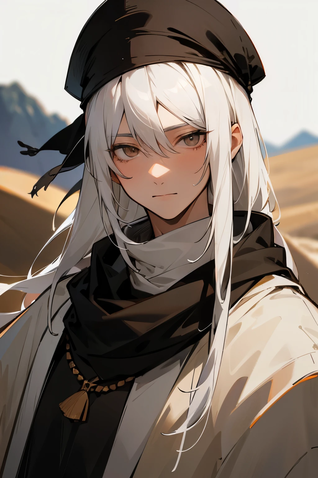 1girl, silver hair (dark skin:1.2) small hair buns, fantasy black croptop, fantasy black thong, cloak, holding daggers, green eyes, empty soulless eyes, desert background, textured skin, UHD, UHD, UHD, UHD, award winning, high details, incredible high-key lighting and shadows, masterpiece, incredible illustration