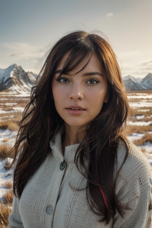 exuberant woman,confident look,expressive eyes,flowing hair on her face,side bangs,landscape camera strolls,stunning tundra landscape with vibrant colors,gentle rhythm of the breeze,best quality,ultra-detailed,realistic,masterpiece:1.2,sharp focus,portraits,vivid colors,soft and warm color tones,soft lighting