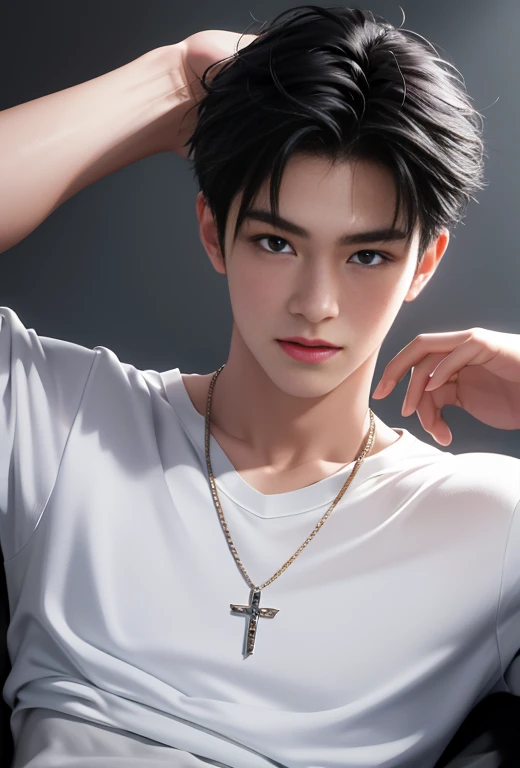 High quality, masterpiece, highly detailed, 8k, perfect face, perfect body, realistic, photogenic, man, Asian, young, black hair, short hair, handsome, detailed eyes, beautiful detailed nose, realistic body, realistic light, comfortable expressions, cute guy, sweat guy, cool guy, abs sixpack, model style, sexy clothes , full body, clean skin, neckless