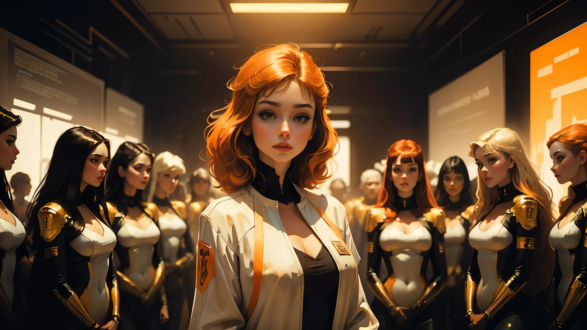 a close up of a woman in a white and gold trim outfit standing in front of a group of people, les edwards poster art, 1970’s science fiction art, pixiv front-page, inspired by Didier Mouron, barbarella, hyper maximalist, orange hue, the style of wlop, heavy metal album cover, female protagonist