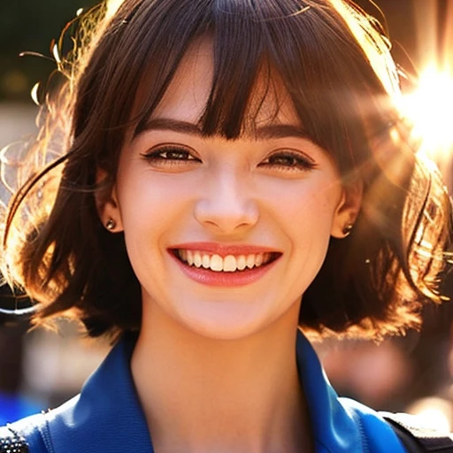 longeyelashes, solid circle eyes, light smile, streaked hair, blonde hair, bangs pinned back, doughnut hair bun, pupils sparkling, colored eyelashes, ringed eyes, diamond-shaped pupils, blue eye, light smile, Surrealism, god rays, glowing light, ray tracing, backlighting, sparkle, lens flare, close-up, UHD