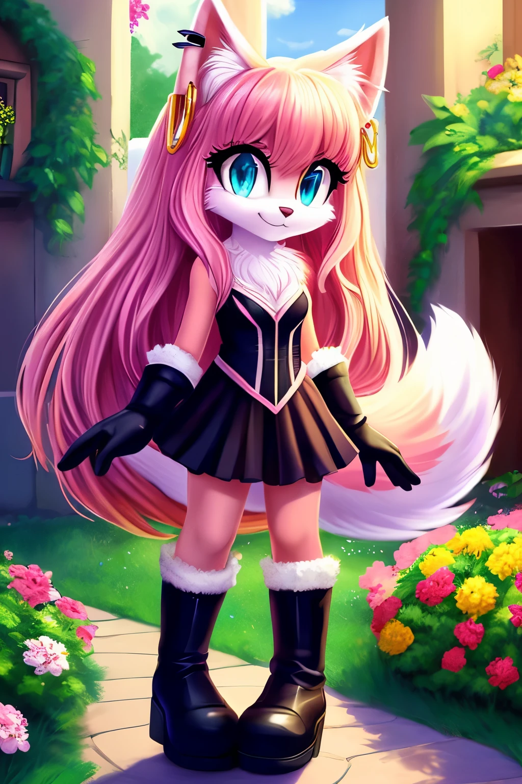1girl, solo, small breasts, pink cat, long hair, earrings, fluffy wrists, gloves, full body, flower garden, pastel, white chest fur, fluffy fur, turquoise eyes, big ears, big tail, fluffy tail, black boots, inside white ears, cat, bangs, pink fur, chest fur, masterpiece, best quality