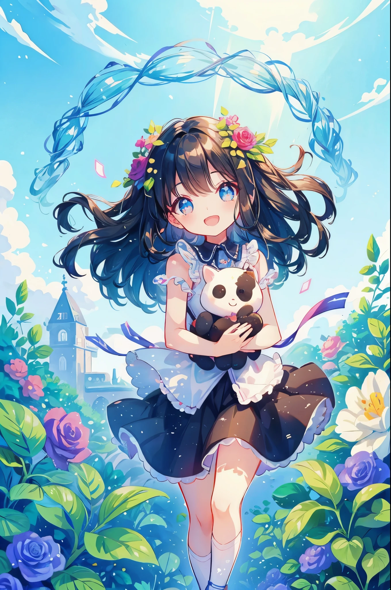 The girl is、neat hair ornament、cute surreal body bien、black hair、(detailed eyes、eyes like jewels、sparkling eyes:1.3)、open mouth smile、blue sky、Cute shoes、garden、sunlight filtering through the foliage、smelling the rose flowers、Taken from the side