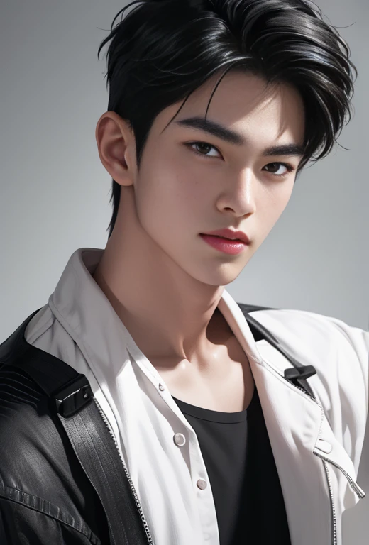 High quality, masterpiece, highly detailed, 8k, perfect face, perfect body, realistic, photogenic, man, Asian, young, black hair, short hair, handsome, detailed eyes, beautiful detailed nose, realistic body, realistic light, comfortable expressions, cute guy, sweat guy, cool guy, abs sixpack, model style, sexy clothes , full body, clean skin, tattoo