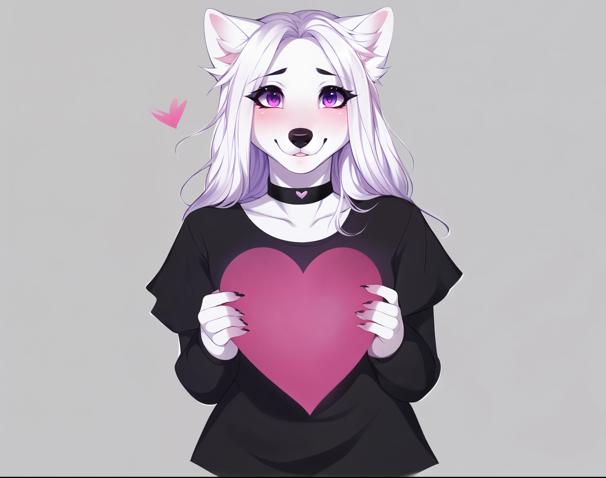 solo, female white wolf, beautiful detailed purple eyes, cute snout, by fumiko, by hyattlen, long white hair, hair parted in the middle, black eyebrows, white wolf ears, wolf tail, black nose, wearing black choker, black blouse, black shorts, bashful pose, shy pose, sad eyes, mouth open, smiling, blushing, mouth slightly open, no background, white background, standing, holding a paper cut out of a red heart, looking at viewer