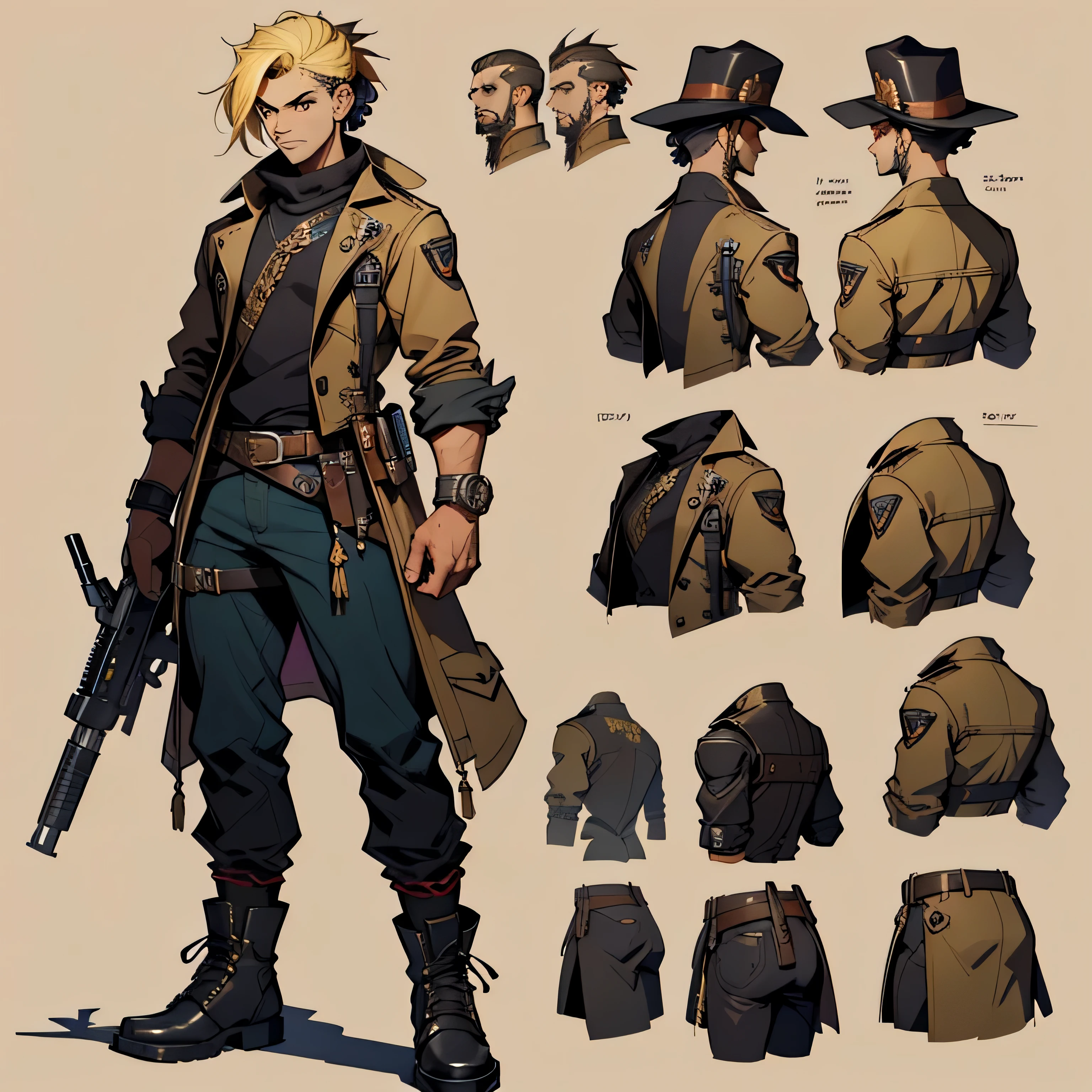 Primer plano de un hombre con traje de pistola，((character arte conceptual)),((character design sheet, vista frontal, Vista lateral, vista trasera)),arte del personaje de la historia del arce,video game character design,armero loco,expert high-detail arte conceptual,metalhead arte conceptual,interesting character design,Lucio como hombre,gravity sprint inspiration,Viscous tar,arte conceptual,personaje de videojuego de estilo occidental,belt buckle at waist,Arma Steampunk,（(studio lighting, vivid colors), (fotorrealista:1.37)）.