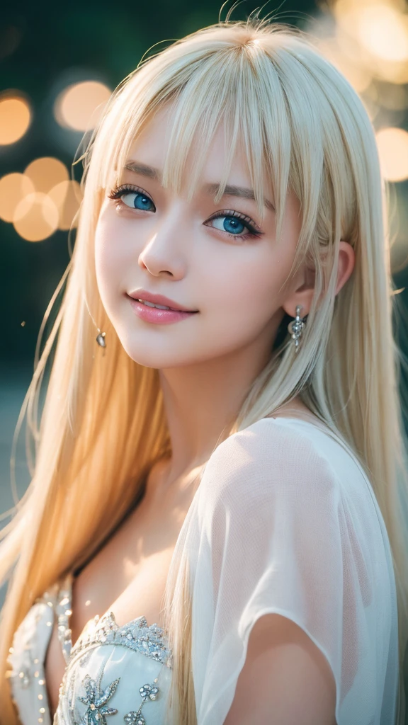 light smile、night、Live shooting、(((Portrait of extreme beauty)))、((glowing skin))、1 girl、16 year old beautiful girl from Prague、bright look、((platinum blonde hair))、[Big blue eyes that shine like jewels]、Shiny glossy skin、silky super long straight hair、eyeliner、beautiful bangs、hair ween eyes、((masterpiece、最high quality、Super detailed、film light、intricate details、High resolution、very detailed))、detailed background、8KUHD、digital single lens reflex、soft light、high quality、film grain、Fujifilm XT3 、depth of field is shallow、Natural light、（No hands）、Look up、rich bust