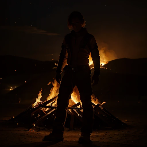 Figure covered in fire, straight posture, looking at viewpoint, no gender, nighttime, standing in fire, on fire, burning man