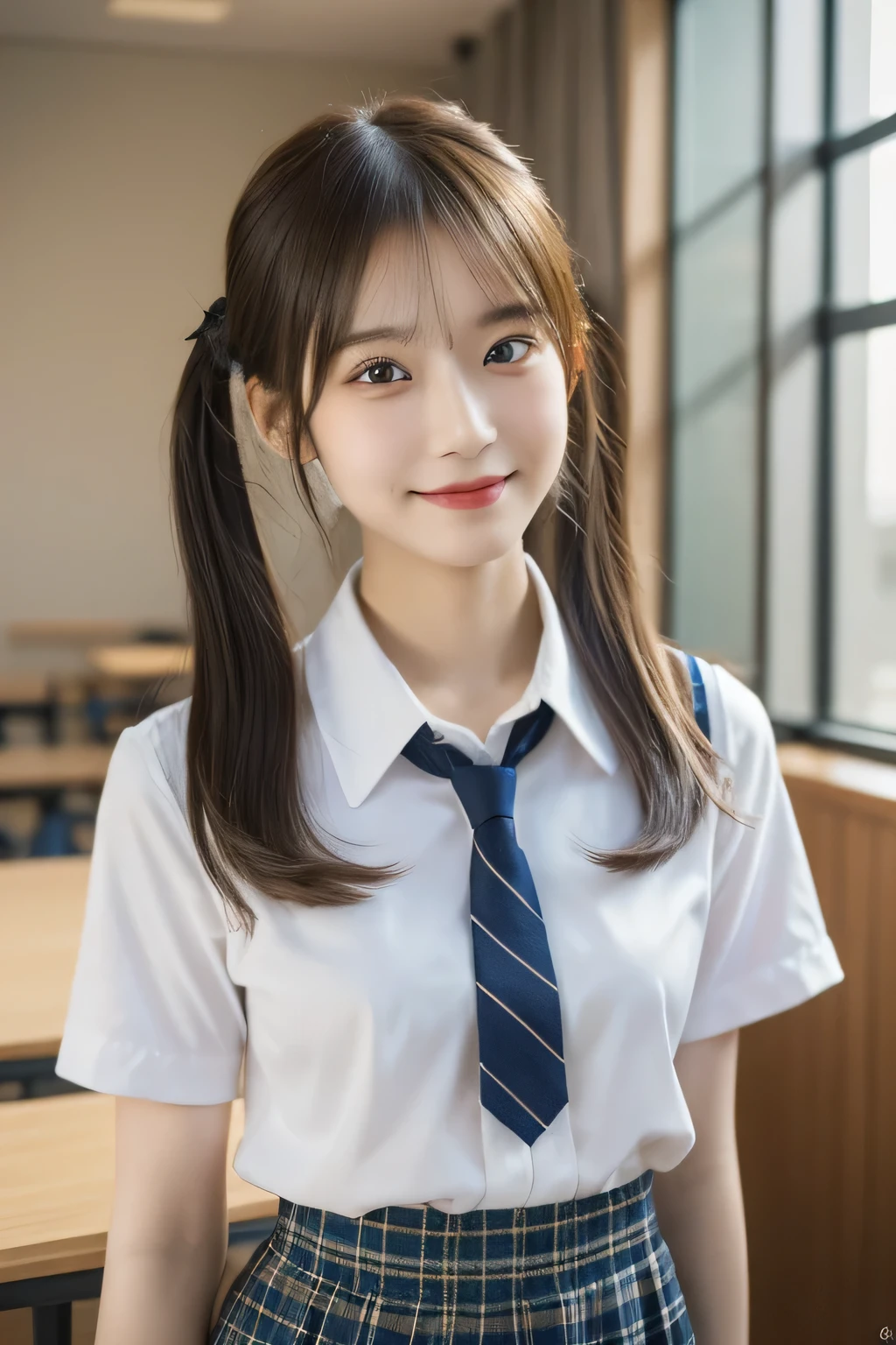 masterpiece,highest quality,official art,High Definition CG Unity 8K Wallpaper High School Girl,very delicate and beautiful,超High resolution,(realistic:1.4),golden hour lighting,(Full body Esbian),In the classroom,(Platinum Short Hair:0.8),(cute eyes),looking at the viewer,facing the front,twin tail hair, 笑face,JK skirt(Plaid),petite bust,high school uniform,tie, close, masterpiece, highest quality, Raw photo, realistic, face, incredibly irrational solution, written boundary depth, High resolution, Super detailed, small details, very detailed, 非常に詳細な目とface, sharp pupils, realisticな生徒, fix sharp focus, cinematic lighting