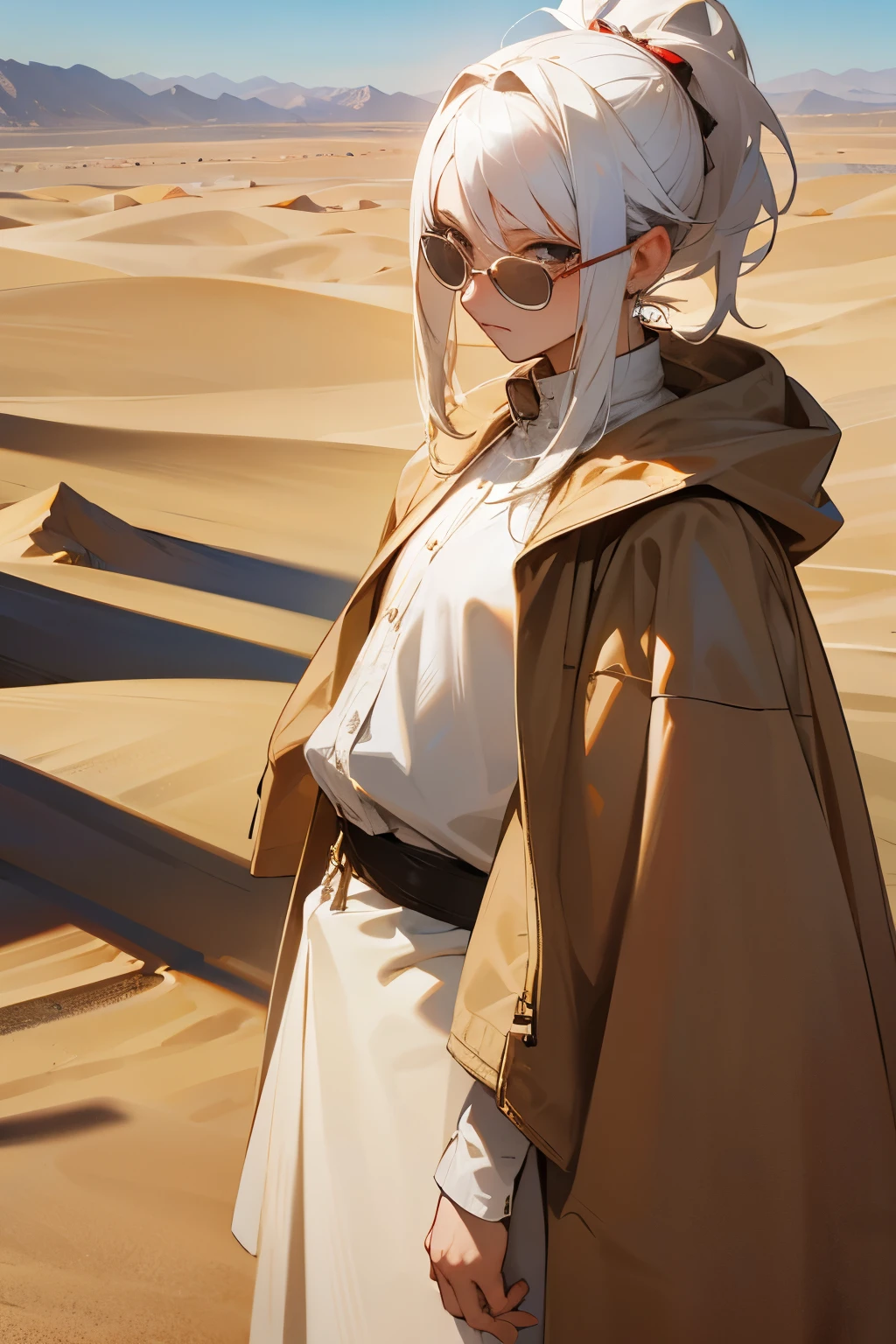 white hair, glasses, desert clothes, desert background