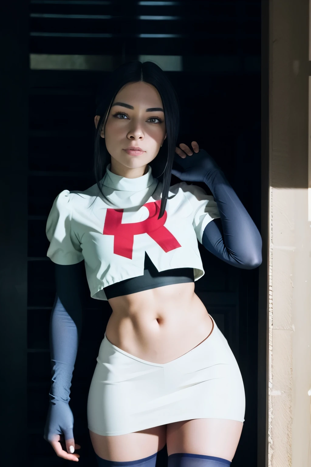 alinitydivine, a woman wearing team rocket,team rocket uniform,white skirt,red letter R,crop top,black thigh-highs,black elbow gloves,