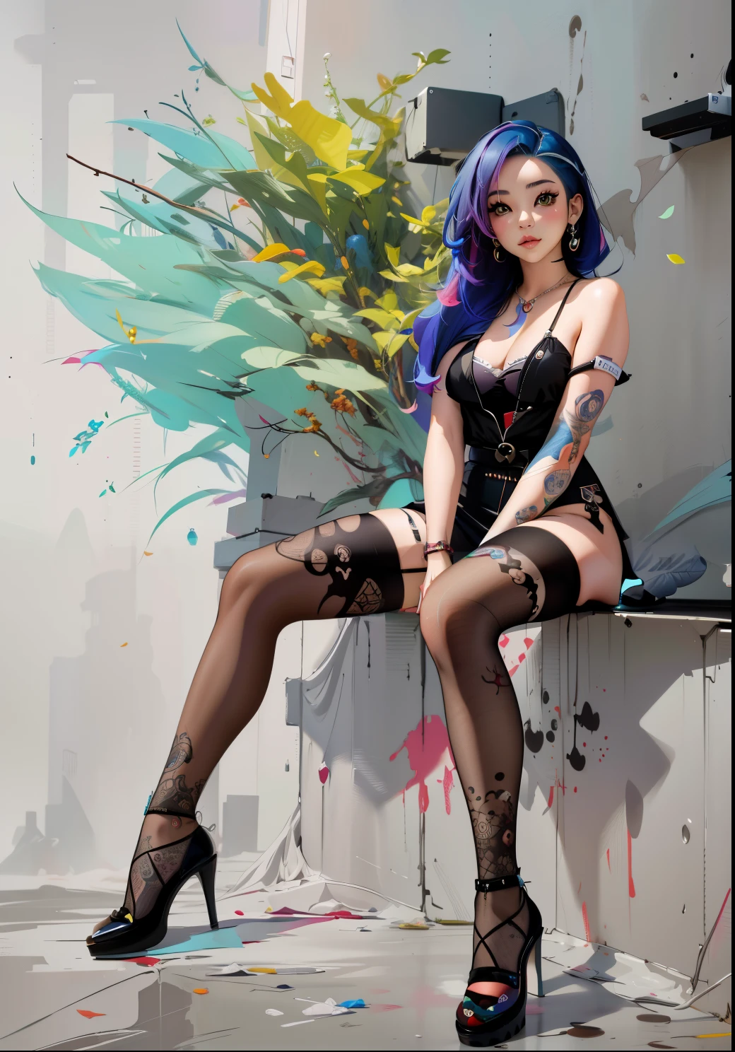 pintura de una mujer con cabello colorido sentada en un banco, ross tran 8k, rossdraws 1. 0, Inspirado por RossDrew, Pintura digital RossDrew, rossdibuja 2. 0, rossdraws pastel vibrante, rossdraws dibujos animados vibrantes, por Russell Dongjun Lu, inspirado por ross tran, estilo ross tran, deviantart art station cgscosiety