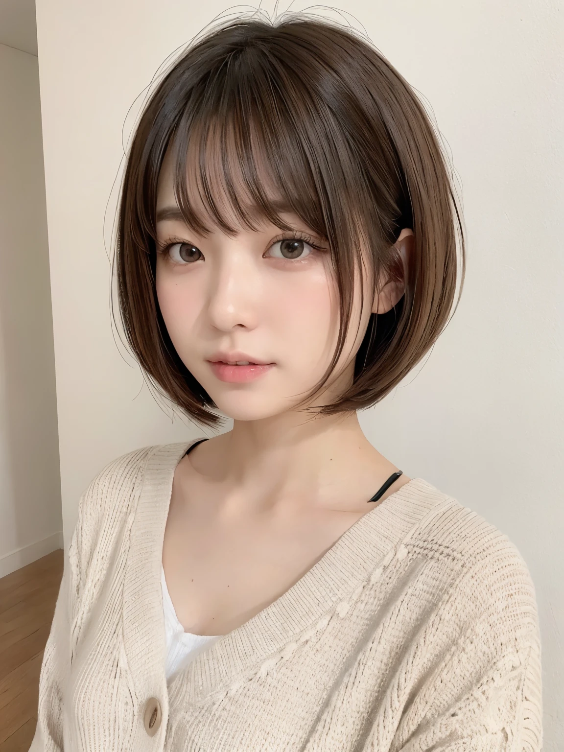 20th generation Japanese women、bob hair with movement、wearing in cardigan、Taken in front of a white wall、Inside a white walled room with a window、light bob、brown hair、average face of a japanese woman